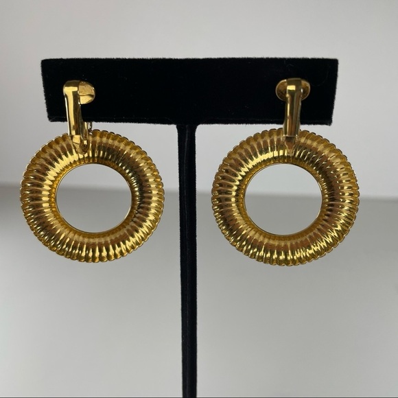 Gold Ribbed Hoop Clip On Earrings - Picture 6 of 9